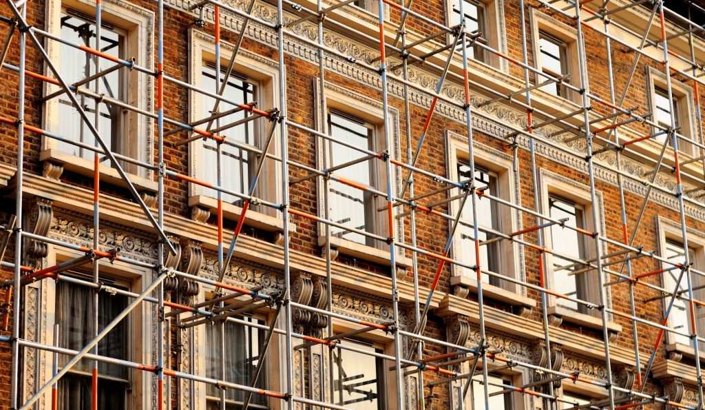 Scaffolding surrounding buildings
